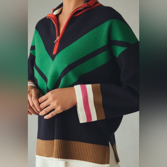 Maeve Navy & Green Chevron Half-Zip Sweater Size M - Picture 3 of 12